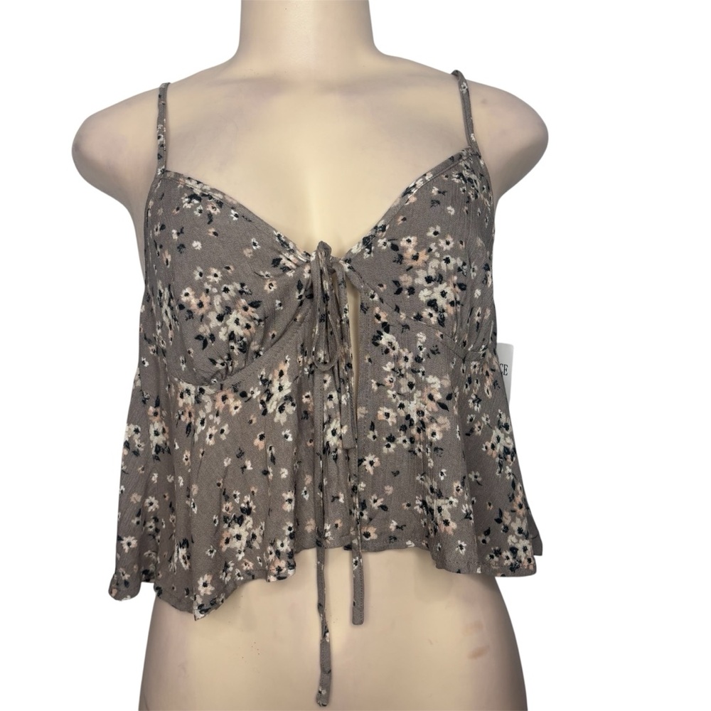 Floral Tie-Front Spaghetti Strap Crop Top - grey